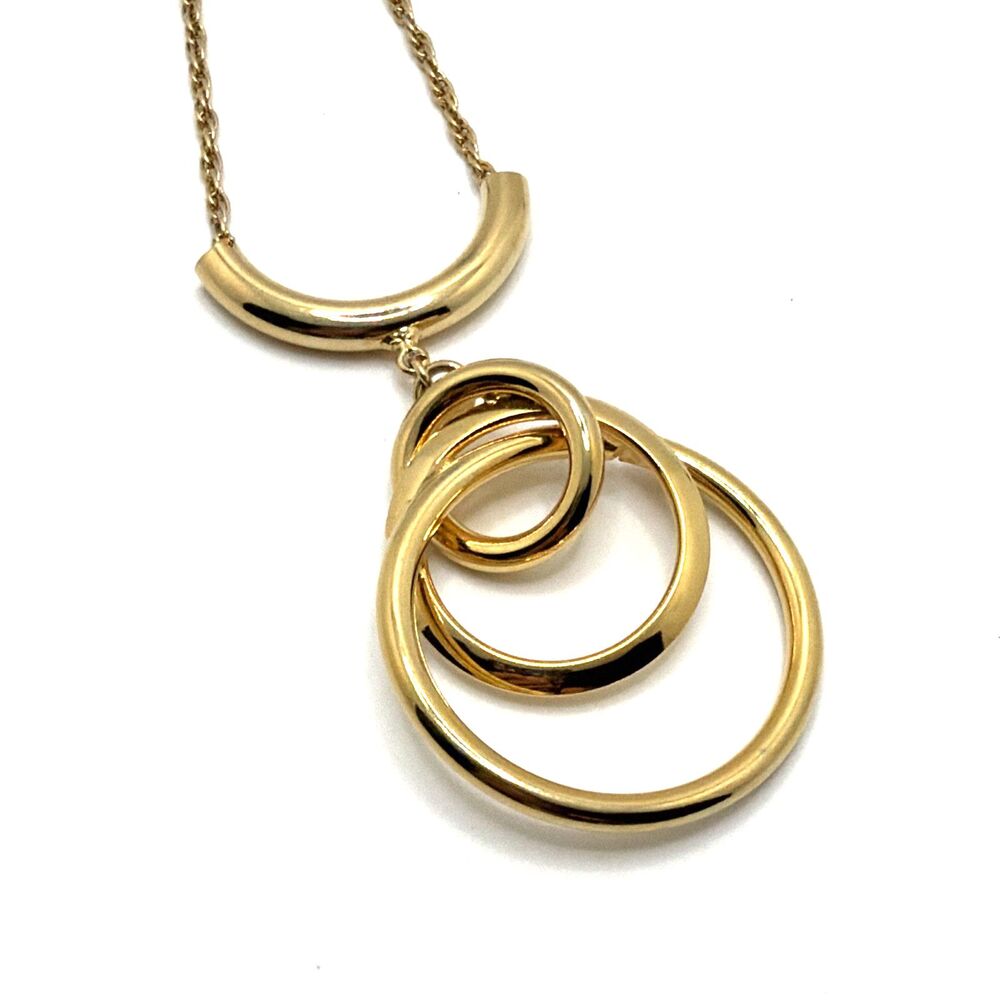 Vintage Modernist Circles Pendant Necklace Gold Tone Statement Rope Chain 26"